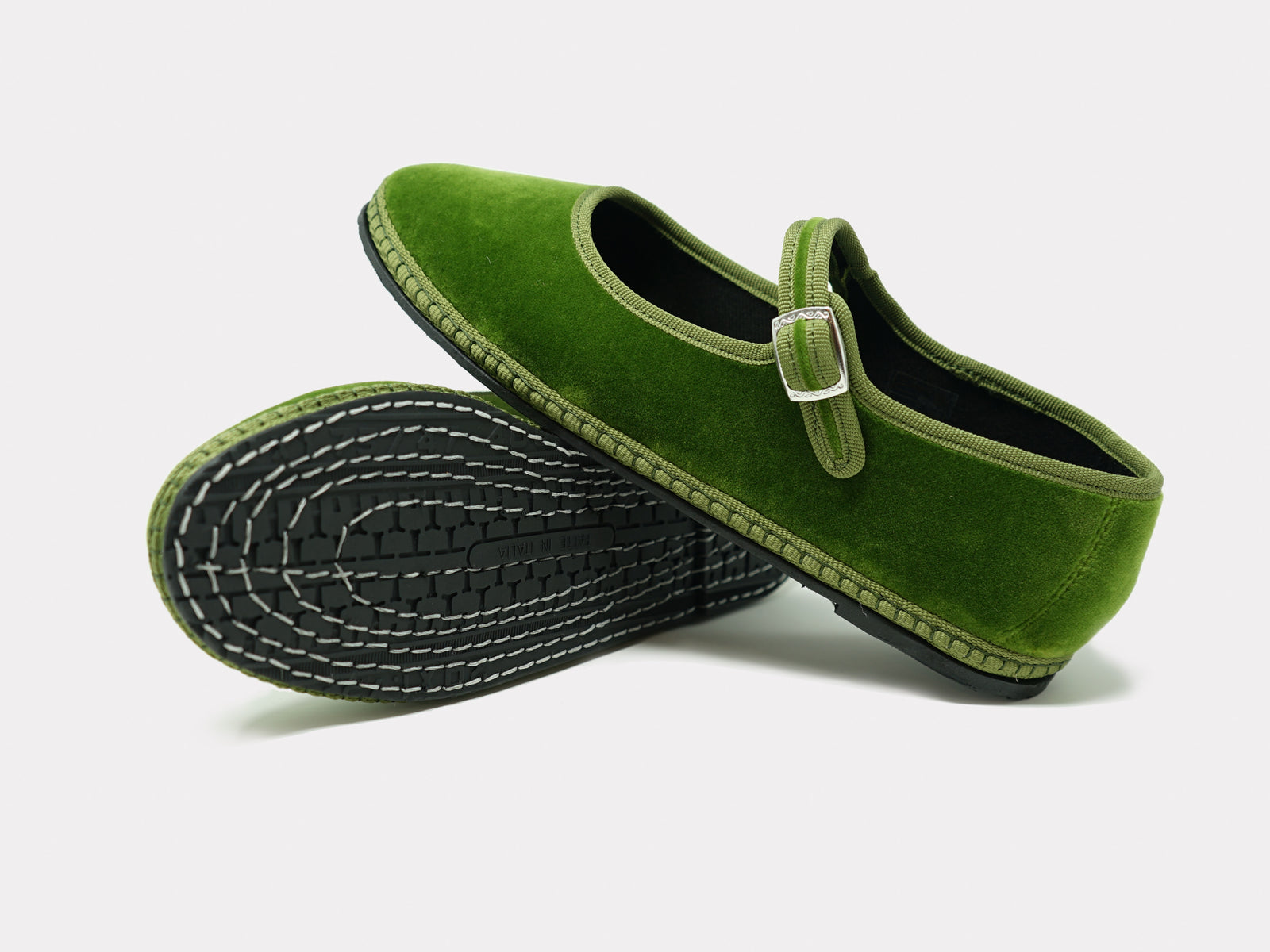 Scarpe Donna Siena Friulane – Ballerine In Velluto Di Cotone, Verde, Suola In Gomma, Fatte A Mano In Italia